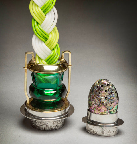 Jewel Tone Havdalah Candleholder and Opalescent Spicebox